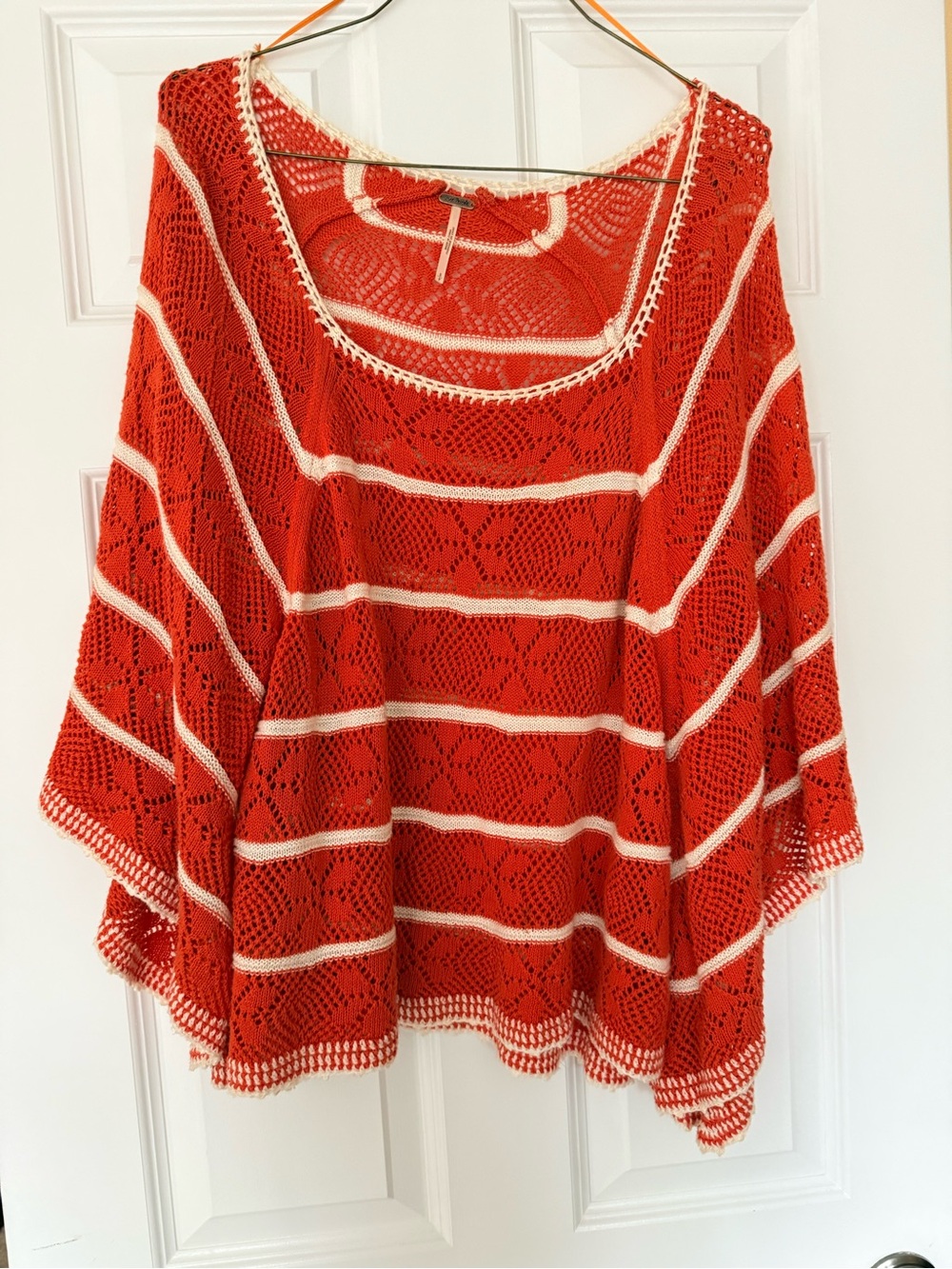 Free People Red and Cream Open-Knit Off-the-Shoulder Sweater